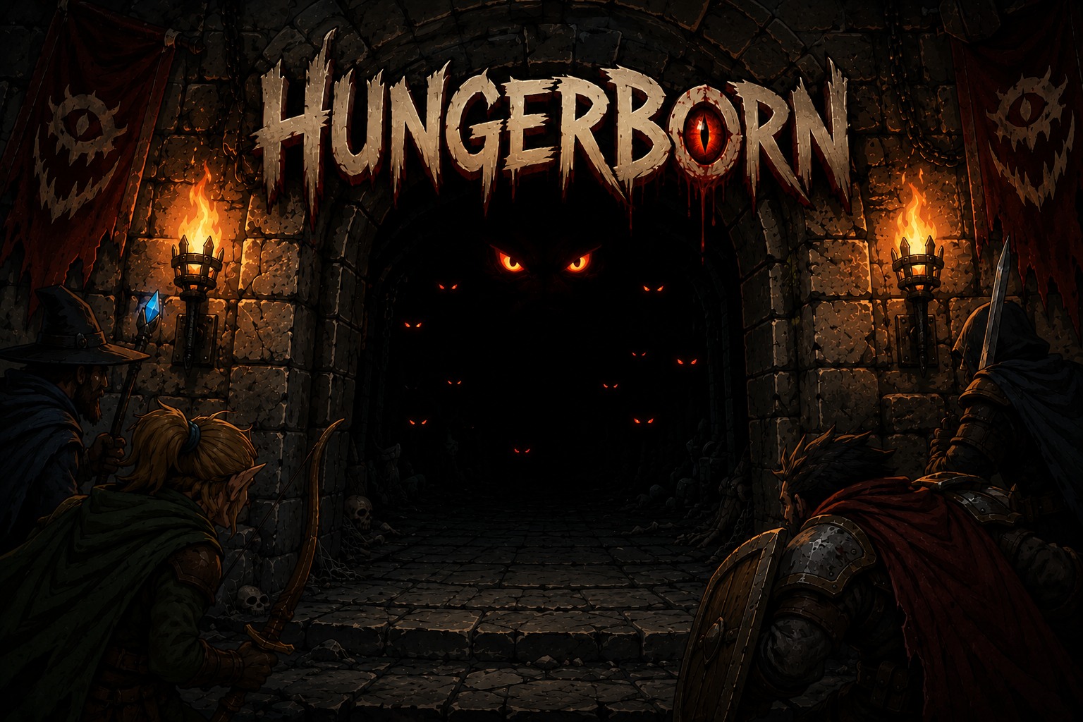 Portada de HungerBorn: la puerta de una mazmorra iluminada por antorchas, con ojos rojos en la oscuridad y cuatro aventureros de espaldas