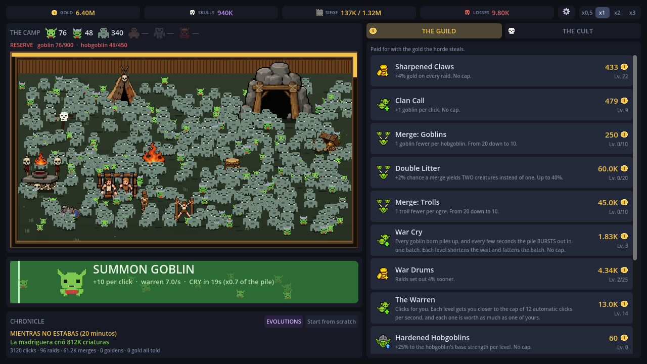El campamento con cientos de goblins, la lista de mejoras del gremio y el boton de invocar