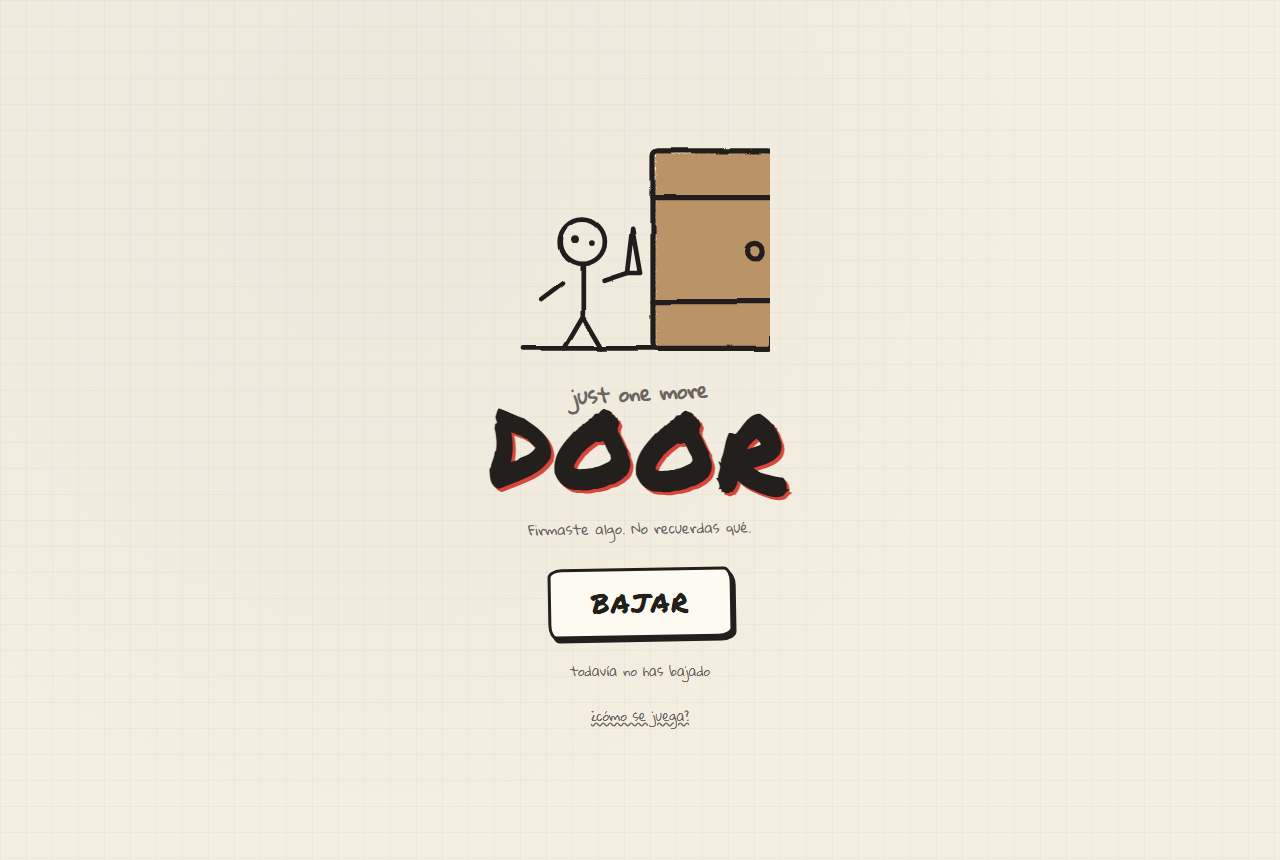 Portada del prototipo web: una figura de palo junto a una puerta dibujada a mano sobre papel cuadriculado, el rotulo del juego y el boton BAJAR
