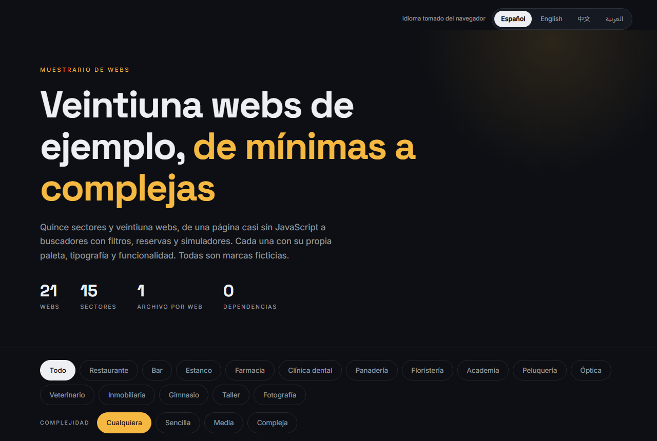 Indice del muestrario: el titular Veintiuna webs de ejemplo de minimas a complejas, con cuatro cifras y filtros por sector y complejidad