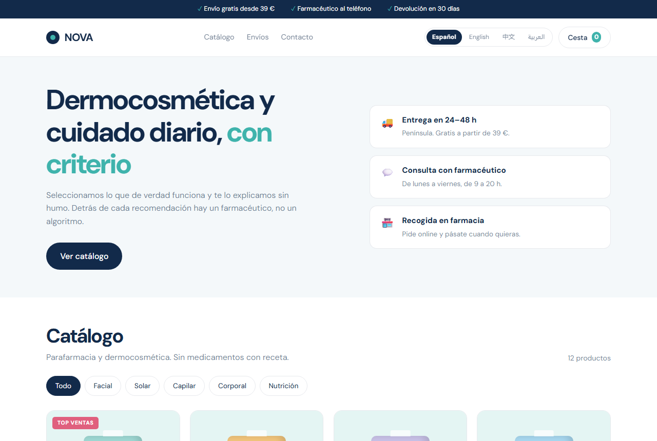 NOVA, farmacia online: cabecera clara con catalogo, filtros por categoria, cesta y tarjetas de servicio