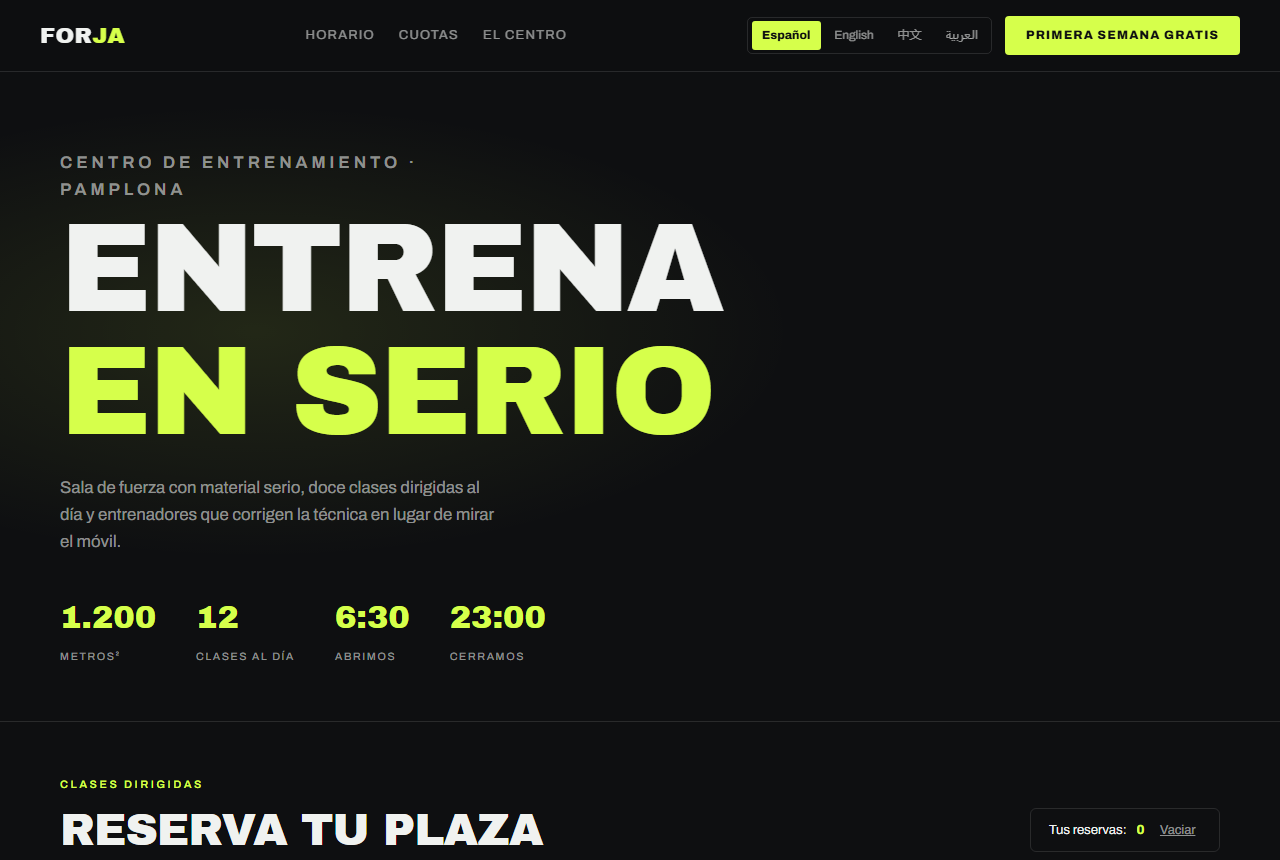 FORJA, gimnasio: tipografia condensada enorme en verde fluor sobre negro, con cifras del centro y reserva de plaza